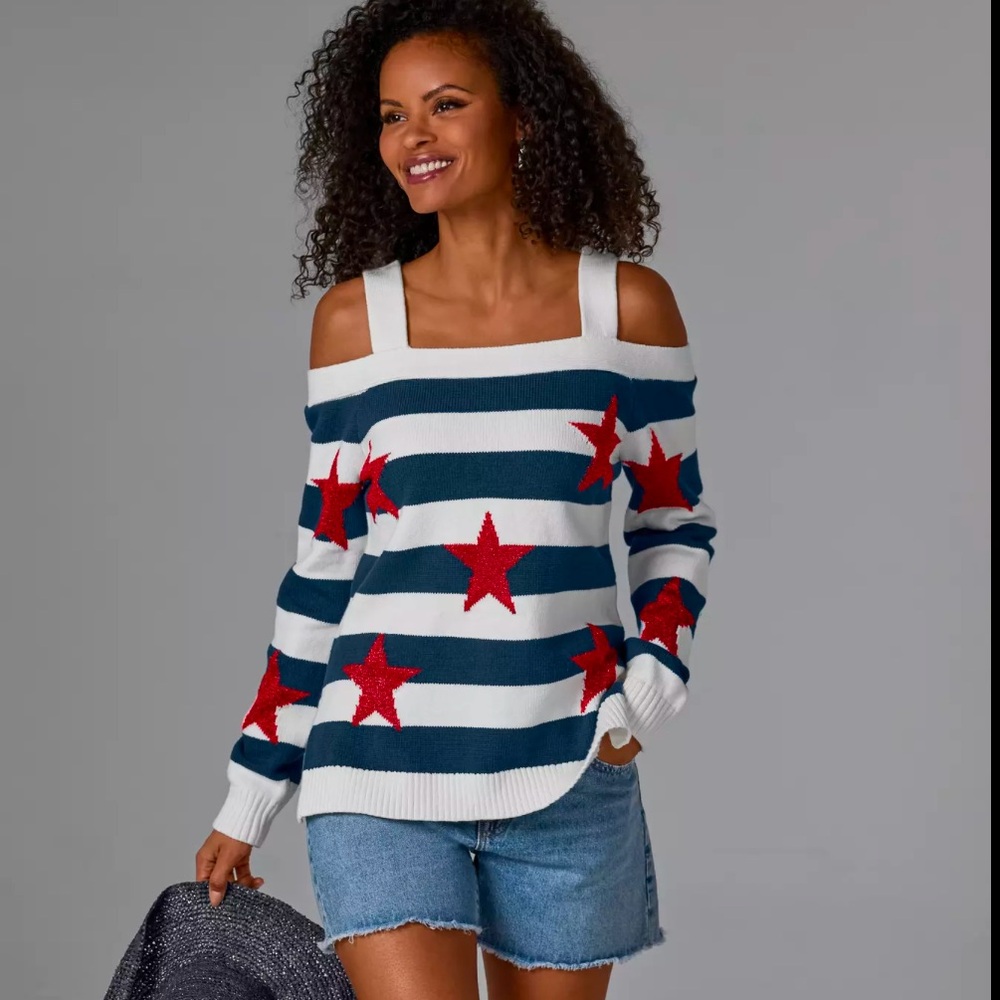 Boston Proper Cold Shoulder Red White and Blue Stripped Star Sweater- Medium
